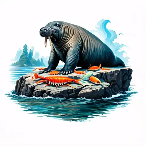 Walrus Spirit Animal Surounded By Sea Food And On A Large Rock