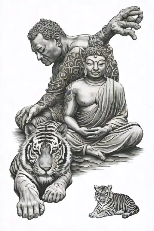 A Realistic Portrait Of Buddha Meditating With A Tiger Resting At His Feet