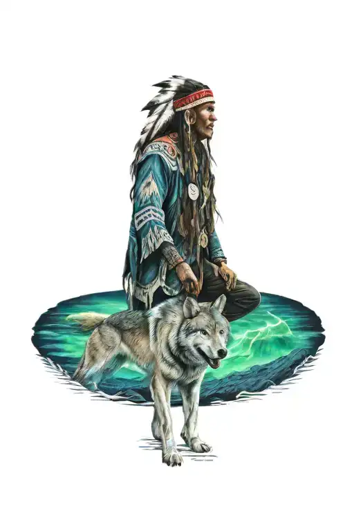 A Native American Shaman Communing With A Spirit Wolf Under The Northern Lights