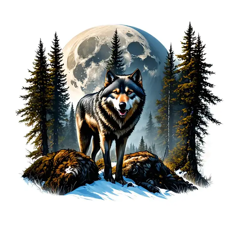 Massive Forest Landscape With Huge Moon In The Background Tattoo With Wolves
