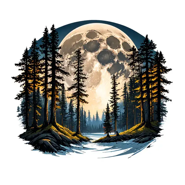 Massive Forest Landscape With Huge Moon In The Background