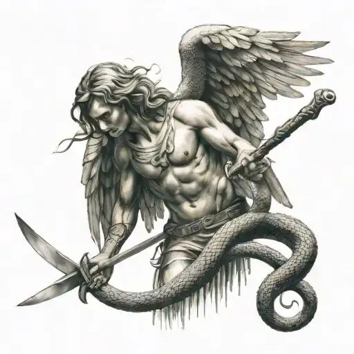 An Angel Holding A Sword That Cut A Snake Biting His Tail