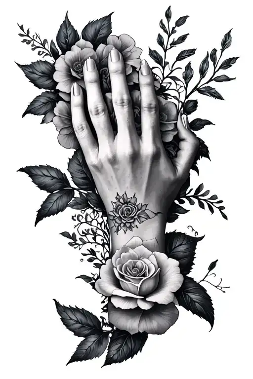 Hand Tattoo Situated In Center Of The Spine With Flowers And A Dark Feminine Theme
