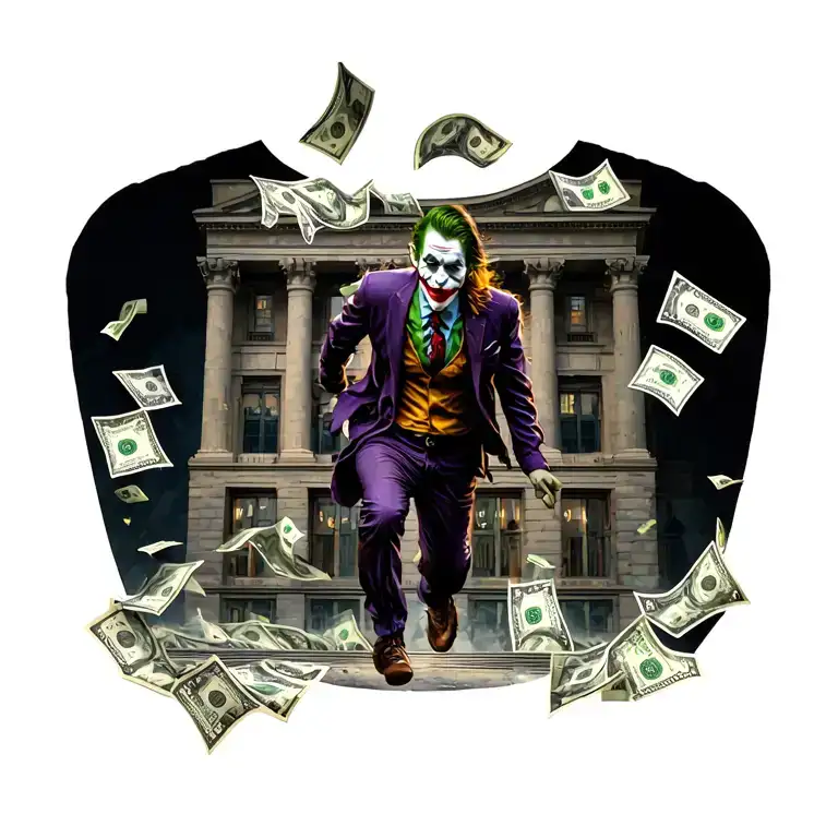 Joker Running Out Bank Building Money Falling From Sky
