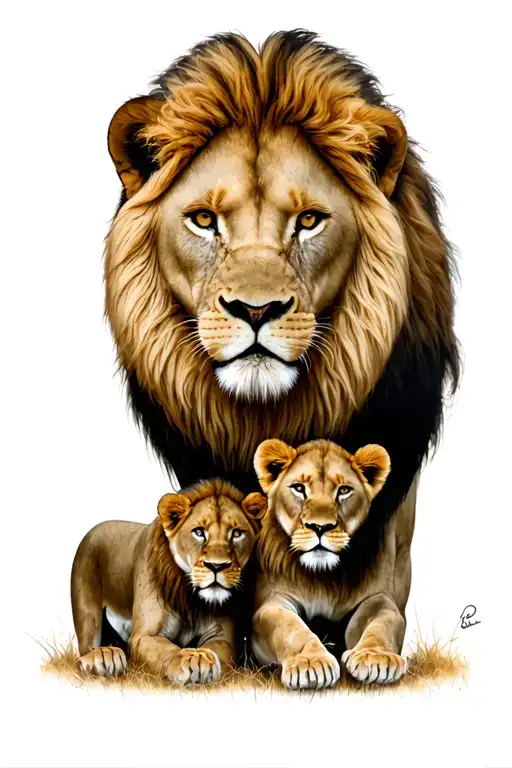 1 Male Lion With 1 Female Lion With 3 Baby Lions