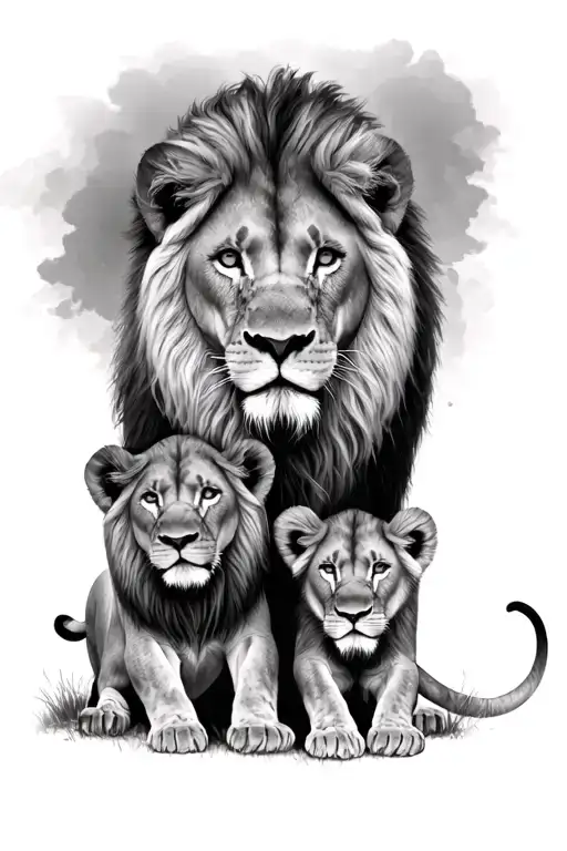 1 Male Lion With 1 Female Lion With 3 Baby Lions