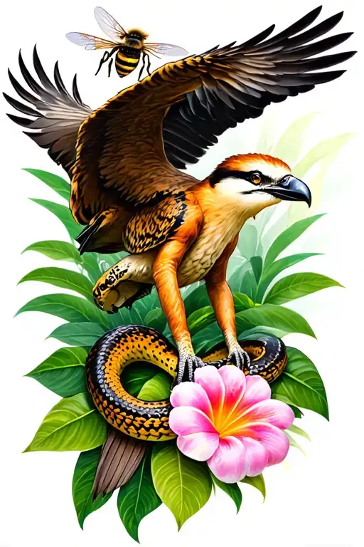 Realistic Kookaburra Snake Jaguar Bee Hovering Over Flower Eagle Gorilla Jungle Style