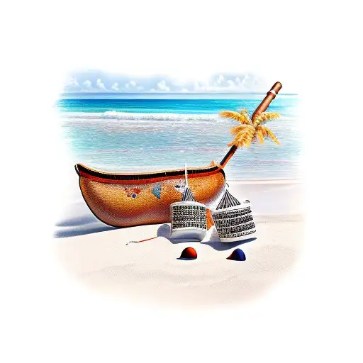 A Caribbean Beach Scene With A Musical Instrument In The Foreground