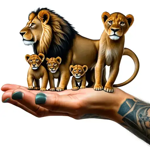 Male Lion On Hand With Four Cubs On Fingers