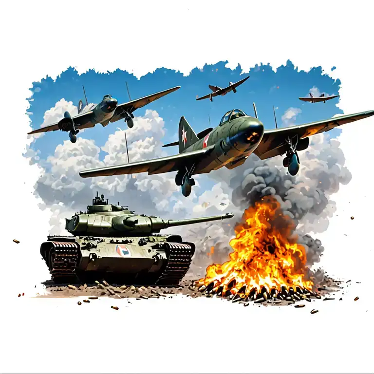 War Scene Planes Flying Overhead Tanks On Ground Fire Destruction Bullets