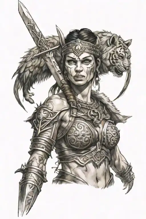 Brown-eyed Warrior Goddess Holding A Dagger In Her Hand And The Berserker Symbol On Her Cheek