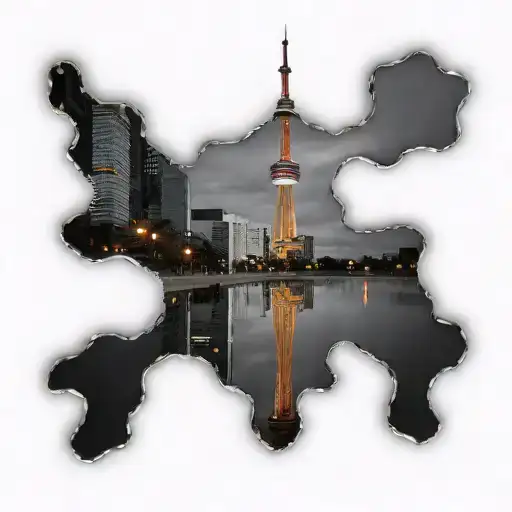 A Realism Tattoo Of The Cn Tower Reflected In A Puddle On A Rainy Toronto Street