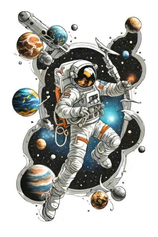 Space Tattoo Sleeve With Astronaut And Planets Orbiting Creative