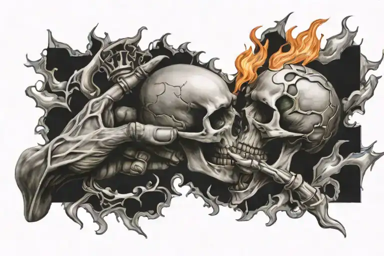 Skull Hand Holding A Heart While Is On Fire On Chessboard Background