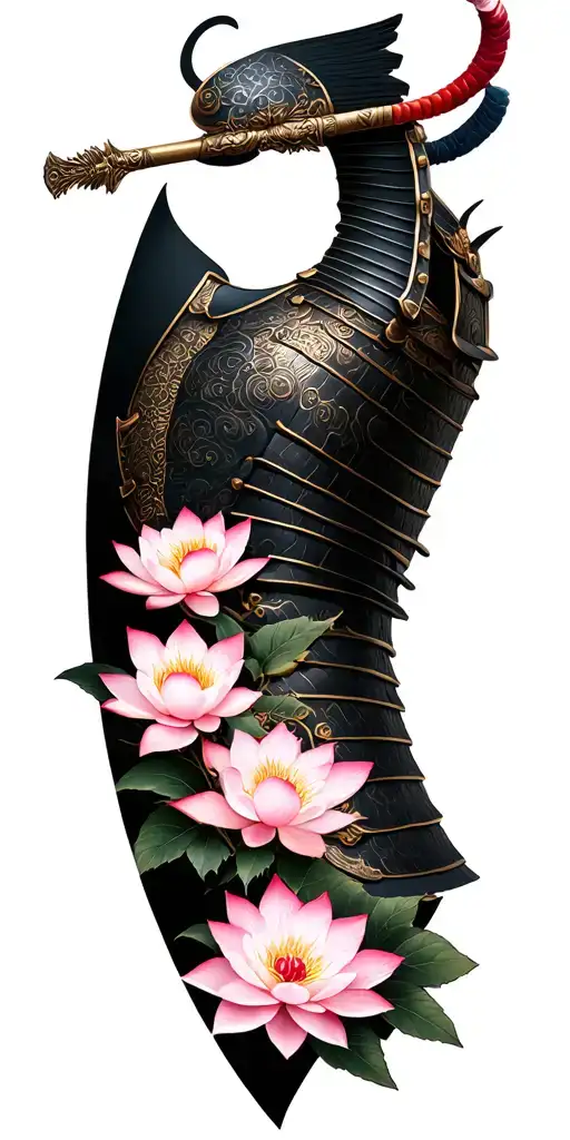 Samurai Armor With A Black Lotus And Cherry Blossoms