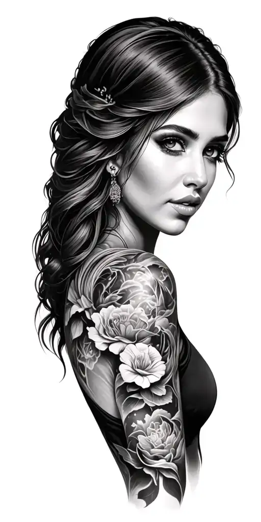 Full Female Arm Sleeve Tattoo Black And White