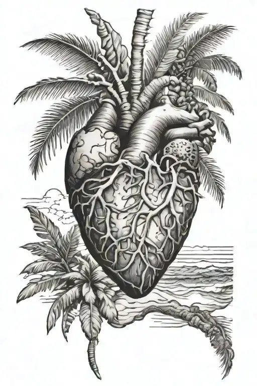 Anatomical Heart And Beach Scene With Palm Tree