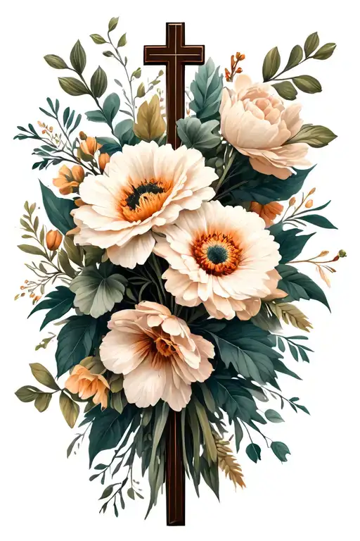 Realistic Cross And Flower Bouquet