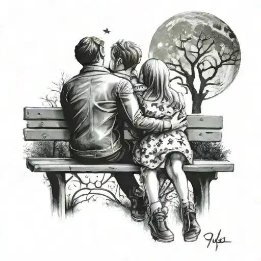 Two Lovers Sat On A Park Bench Under The Moon And Stars