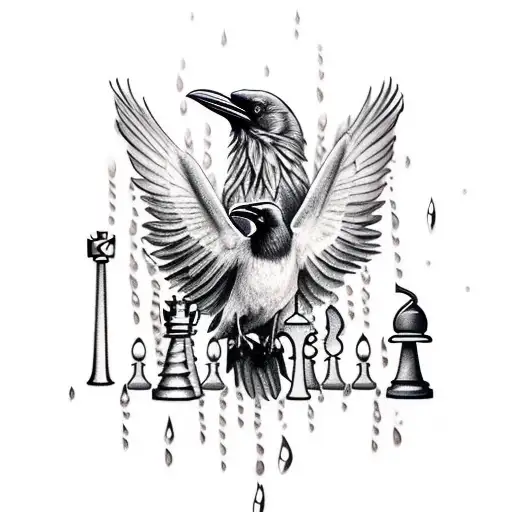 Raven And Chess Pieces And Rain And Cinnamon Sticks