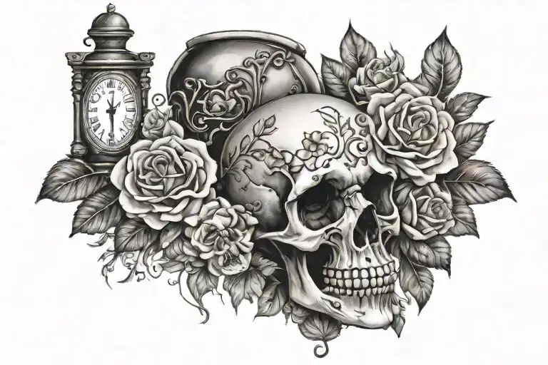 Skull And Hour Glass Floral Background