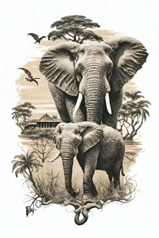 Savannah Themed Tattoo With An Elephant