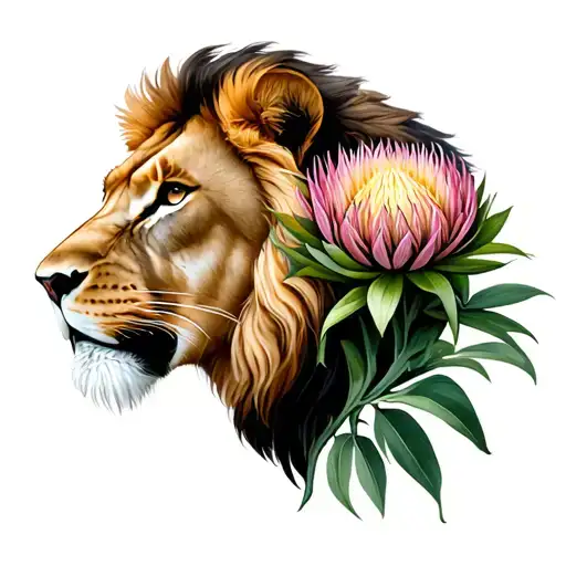 Realism Lion With Protea Flower
