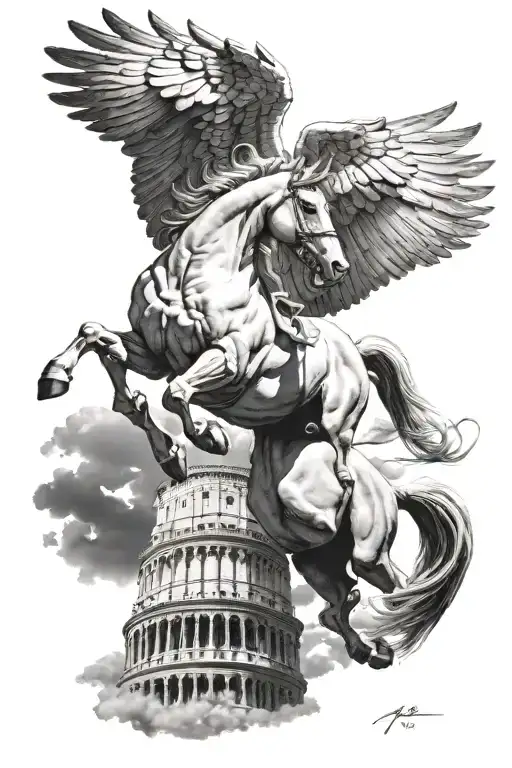 Pegasus Horse With Wings Flying Over Colloseum Fight With Lightning Sky