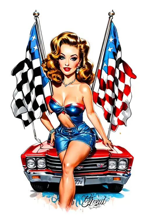 Pinup Girl With A Chevelle Front End And Two Checkard Flags