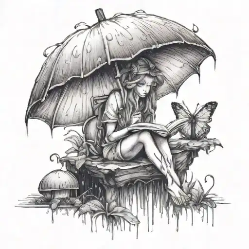 A Realistic Portrayal Of A Fairy Reading A Book Under A Mushroom Umbrella During A Rainstorm