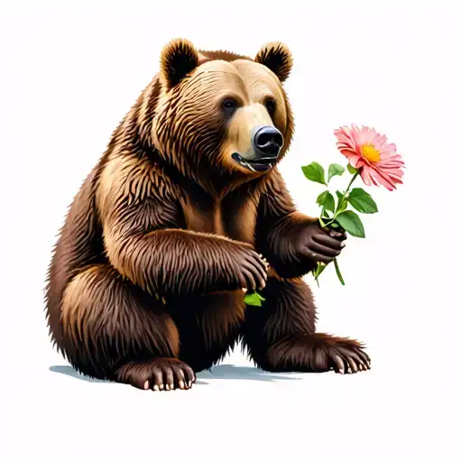 Grizzly Bear Sitting With A Flower In Its Hand Side View