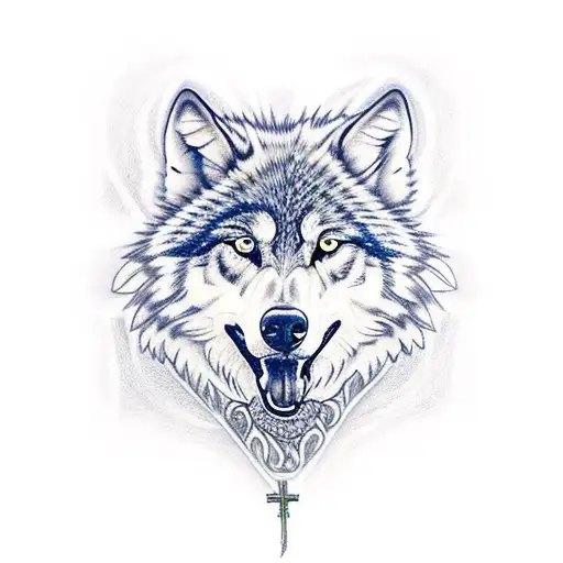 Blue Christian Cross With Wild Wolf