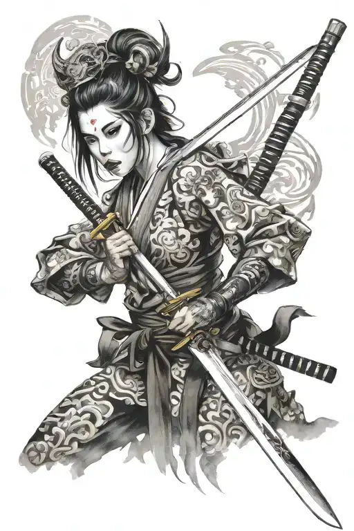 Beutiful Japanese Woman Holding A Katana Sword And Have An Oni Mask