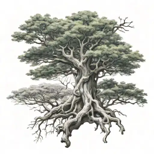 Big Tree With A Boy Sitting Frontal On A Branch