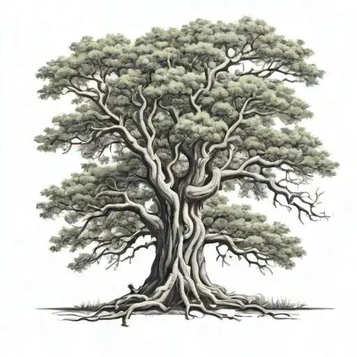 Big Tree With A Boy Sitting Frontal On A Bough
