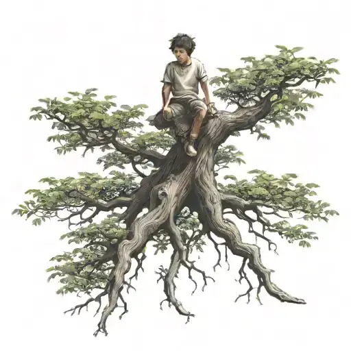 Big Tree With A Boy Sitting Frontal On A Bough Without Ever Having