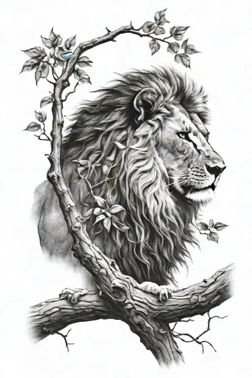 Lion Face Look To The Right Side View Tattoo Idea And A Little Boy Sit On Branch
