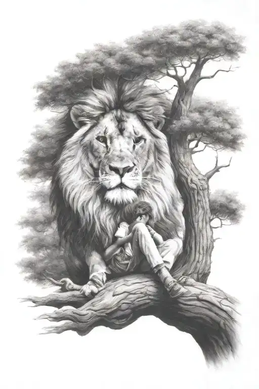 Little Human Boy Sitting On Tree And In The Tree Crown Is A Lion Face In Optical Illusion