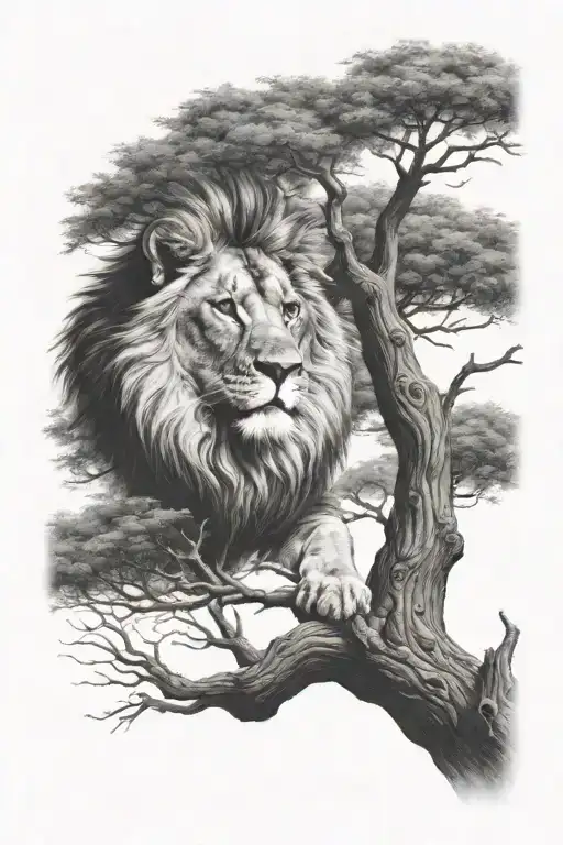 Baby Lion Sitting On A Big Tree With Big Treecrown In Optical Illusion
