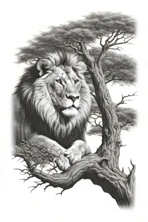 A Baby Lion Sitting On A Big Tree With Big Treecrown In Optical Illusion
