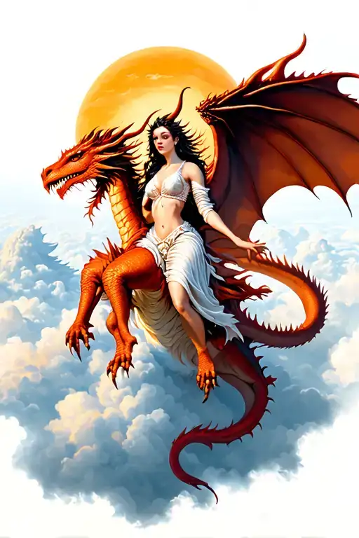 Beautiful Devil Woman Riding Dragon Above The Clouds With Sun Shinning