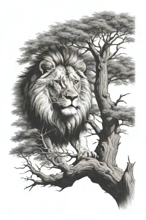 One Year Old Lion In Big Tree Growing Inside