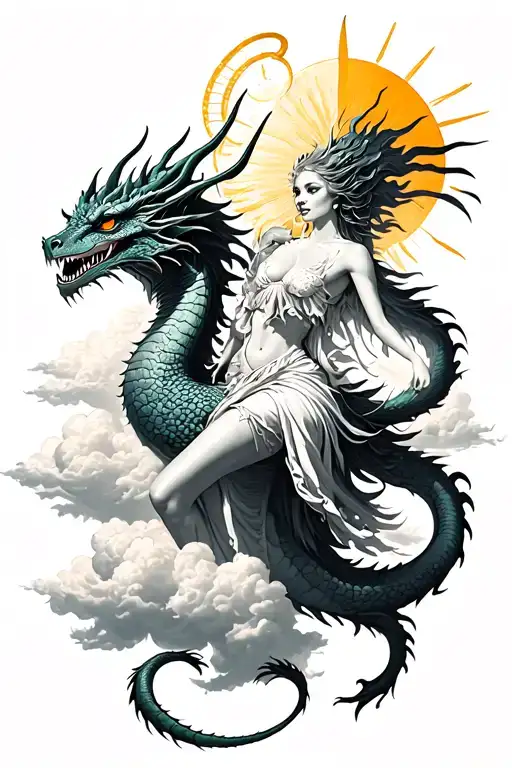 Beautiful Devil Woman With Halo Riding Dragon Above The Clouds With Sun Shinning No Colour