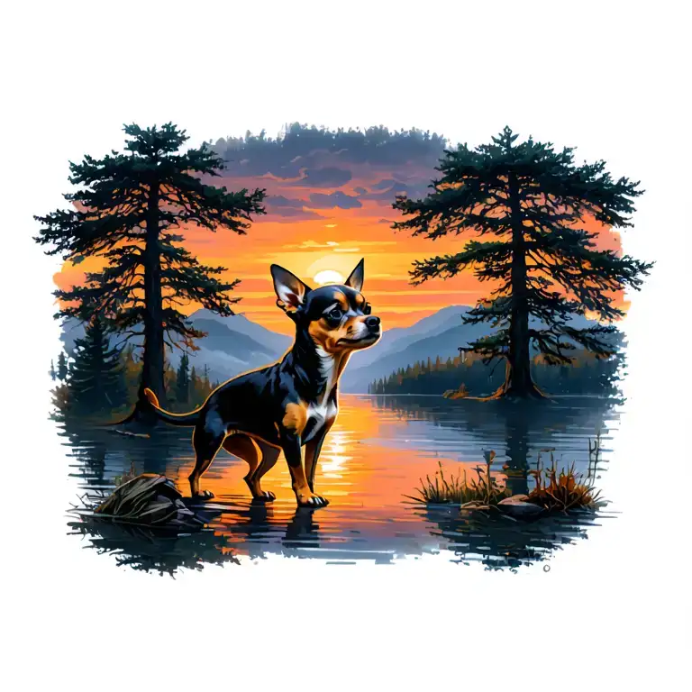 Chihuahua Dog Trees Colors Sunset Over Lake