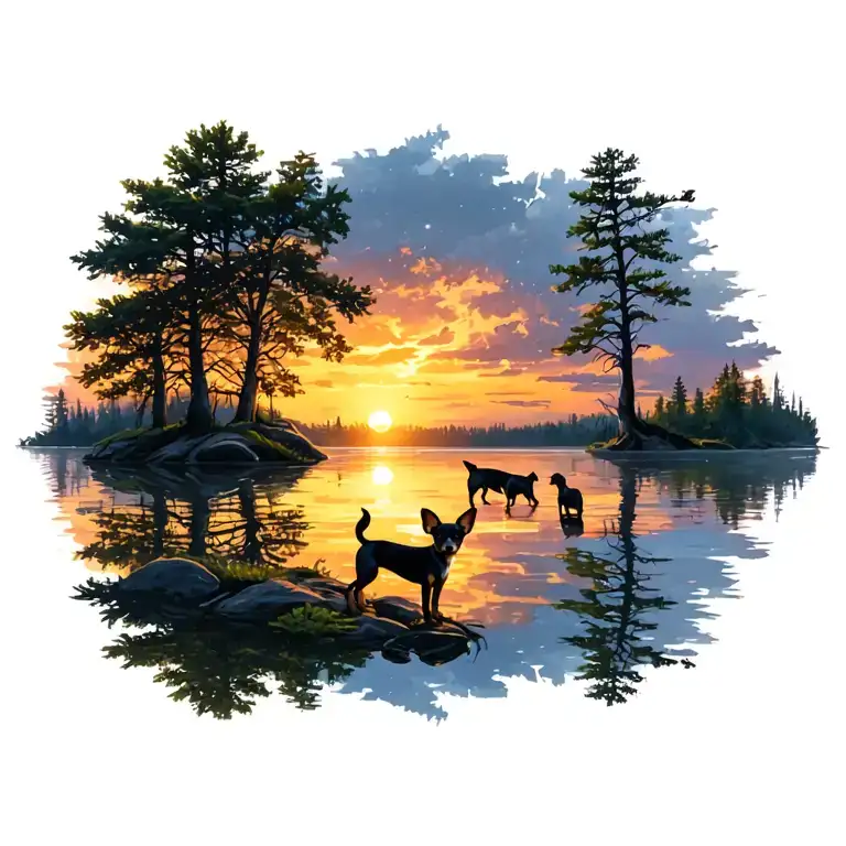 Chihuahua Dogs Trees Sunset Over Lake Reflecting