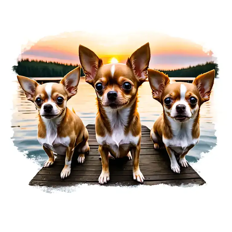 3 Chihuahua Dogs Sunset Over Lake Reflecting Jetty