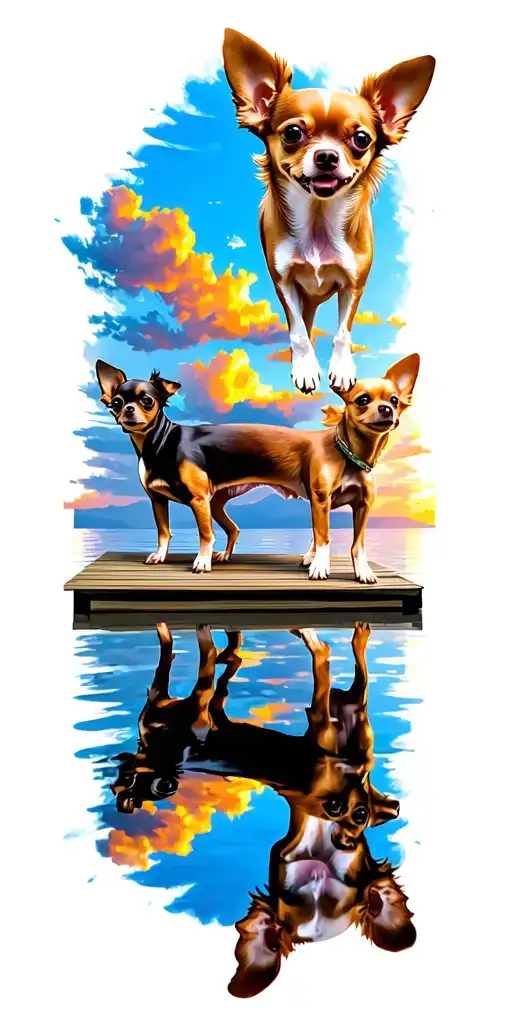 3 Chihuahua Dogs Sunset Over Lake Reflecting Jetty