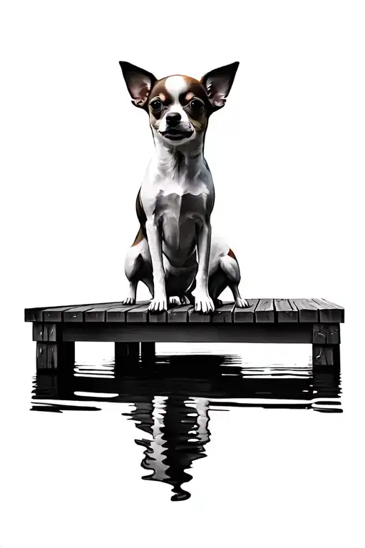 3 Chihuahua Dogs Sunset Over Lake Reflecting Jetty Black And White