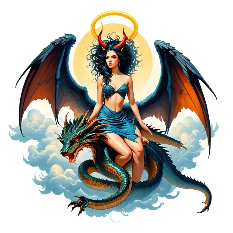 Pretty Devil Woman With Halo Riding Dragon With Wings Above Clouds Snake Mystical Realism