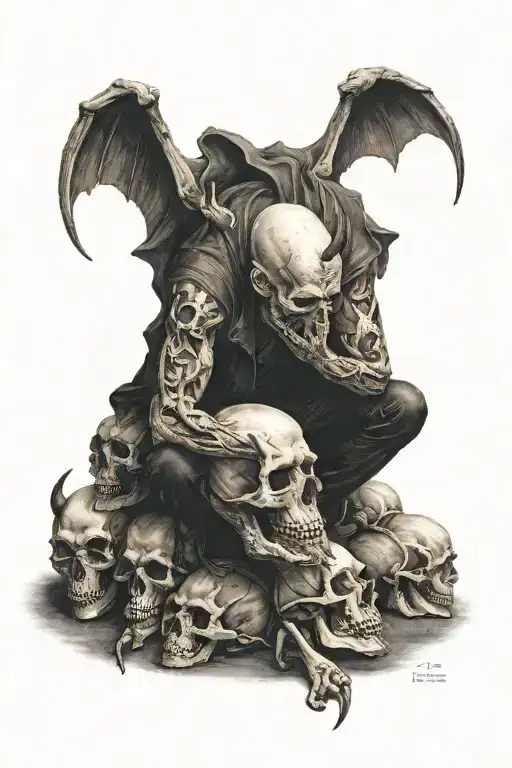 Devil Hunched Over With A Skull In His Hand Sitting On A Pile Of Skulls